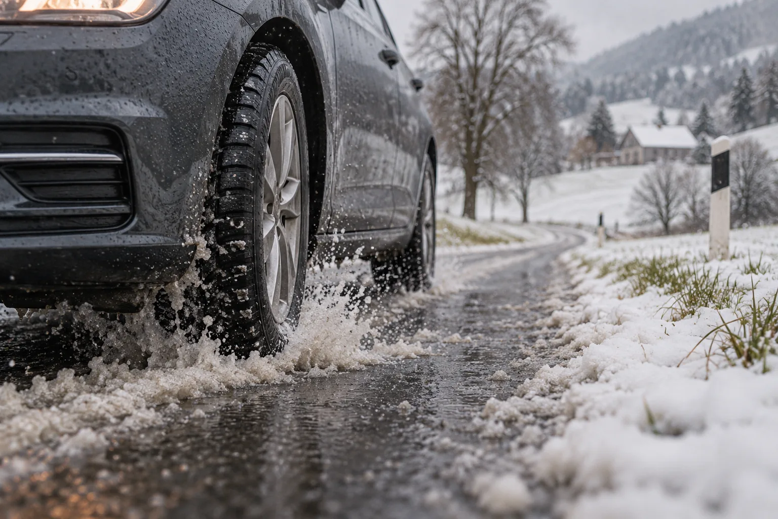 Pkw mit Winterreifen fährt durch Schneematsch auf einer Landstraße in der Steiermark, am Rand Leitpfosten und verschneite Wiesen