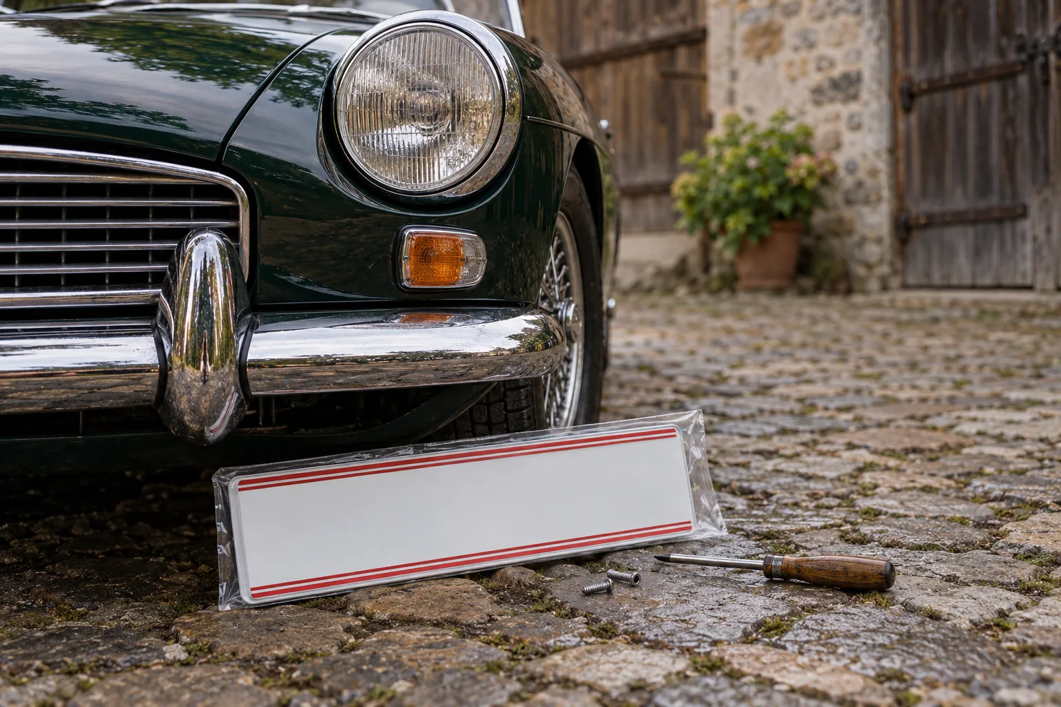 Leere Kennzeichentafel mit rot-weiß-roten Streifen lehnt an der Chromstoßstange eines grünen britischen Roadsters aus den 1960er-Jahren